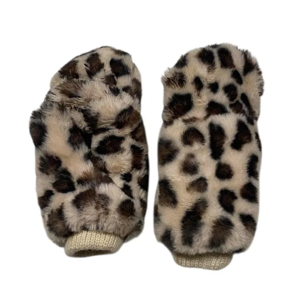 Urban Outfitters Leopard Faux Fur Mittens Open Finger‎ Convertible Winter Gloves